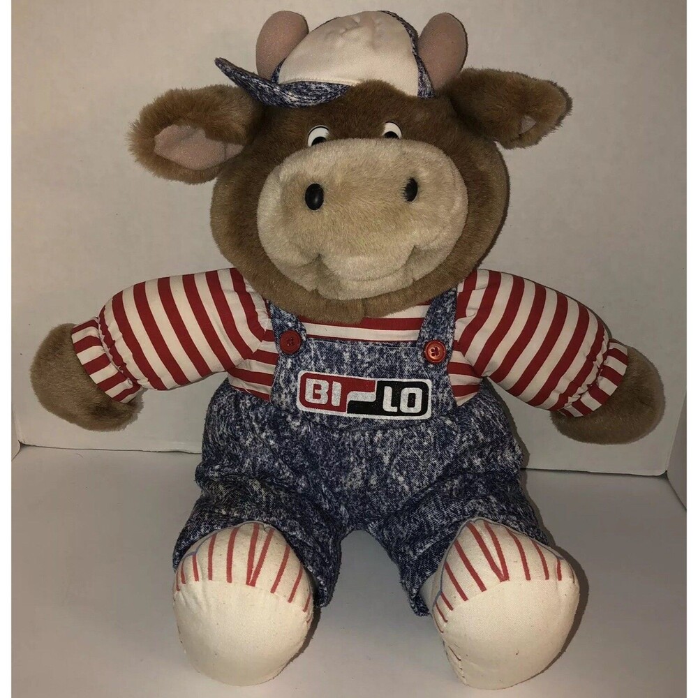 VTG Bi-Lo Stuffed Plush Cow Grocery Store Advertising Toy 20" Sideways Hat Kid
